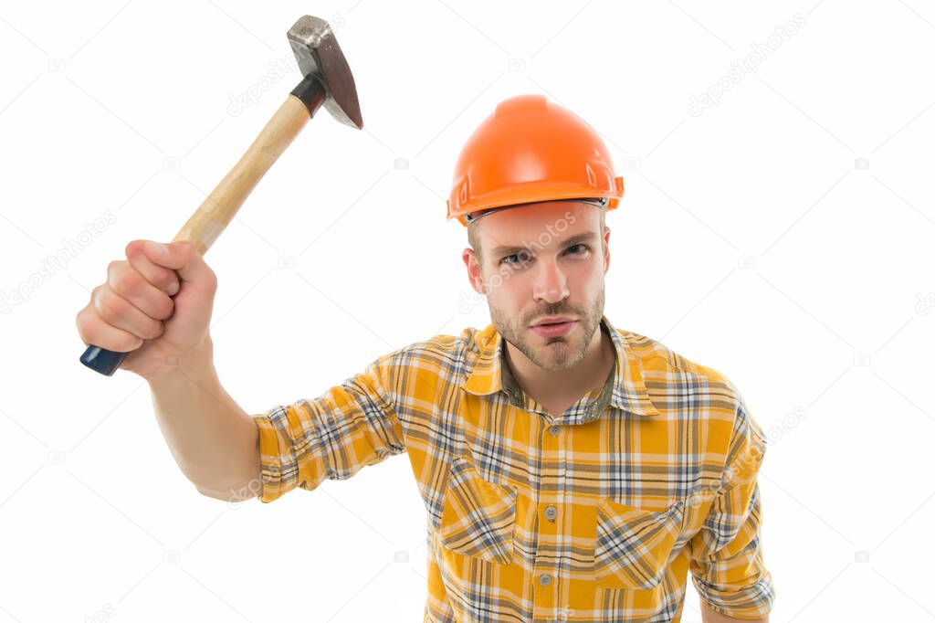 Having always hand at carpentry. Carpenter hold hammer isolated on white. Carpentry and renovation. Carpentry shop. Home improvement business. Building and construction. Being skilful at carpentry