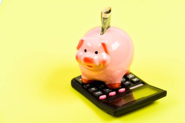 Tasarruf. Ekonomi ve finans. Piggy Bank Pembe Domuz dolar banknot ve hesap makinesi doldurdu. Finansal refah. Tasarruf hesabı. Tasarruf depozitosu tasarruf etmek için uygun esnek bir yoldur