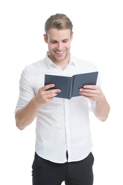 Read good book. Happy guy read book isolated on white. Handsome man read avidly. Student of language and literature. Library and bibliotheca. School and education. Must read Royalty Free Stock Images