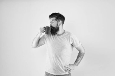 Hipster 'ın zevkleri ve estetiği. Enerji konsepti. Hipster barista sarı arka plan. Kahve dükkanı. Sakallı adam sabah kahvesini içer. Çay zamanı. Doğru oranda sütle birlikte Cortado. Kahve devrimi