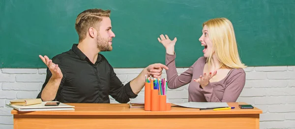 Happy to get high grades. Happy man and woman back to school. Couple studying in classroom. Sexy teacher and handsome schoolmaster. University or college students having lesson. High school education — Stock Photo, Image