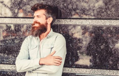 Sakal bakımı. Açık havada poz veren çekici sakallı hippi. Erkeklik ve erkeklik. Yakışıklı bir adamın kendinden emin duruşu. Uzun sakallı, erkeksi görünümlü bir adam. Berber konsepti. Sakal bakımı