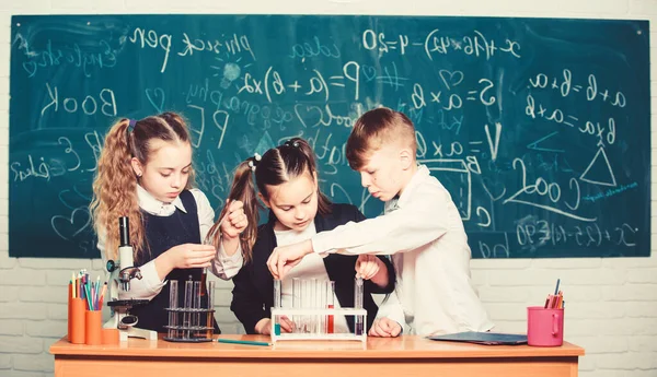 Provrör med färgglada flytande ämnen. Studie av vätsketillstånd. Gruppelever med provrör studerar kemiska vätskor. Skolans laboratorium. Flickor och pojkar som ger experiment med vätskor — Stockfoto