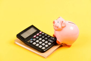 Finansal refah. Ekonomi ve finans. Kredi konsepti. Tasarruf. Para biriktir. Banka hesabı. Maaş kazan. Para bütçe planlaması. Kâr hesapla. Domuz kumbarası pembe domuz ve hesap makinesi
