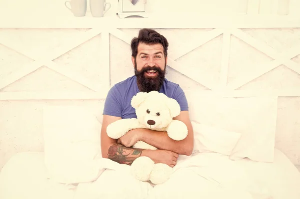 Hombre barbudo oso de peluche en la cama. concepto de juguete de felpa. Regalo para vacaciones. regalo para ti. Regalo de San Valentín para amados. Celebración festiva. mi cumpleaños. Feliz adultez. Al por mayor. Amor y bondad —  Fotos de Stock