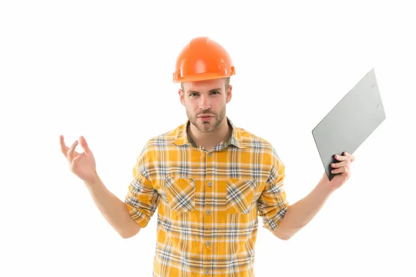 What is real cost. Renovation concept. Planning changes renovation. Foreman with documents. Supplies dealer. Project curator. Counting finances renovation. Man safety hard hat. Redevelopment of home — Stock Photo, Image