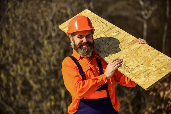 Produto de madeira projetado. Fiberboard usado na construção residencial e comercial. Montar andaimes. Montar equipamentos ou estruturas temporárias. Serviços de renovação. Homem carrega fibra de cartão — Fotografia de Stock