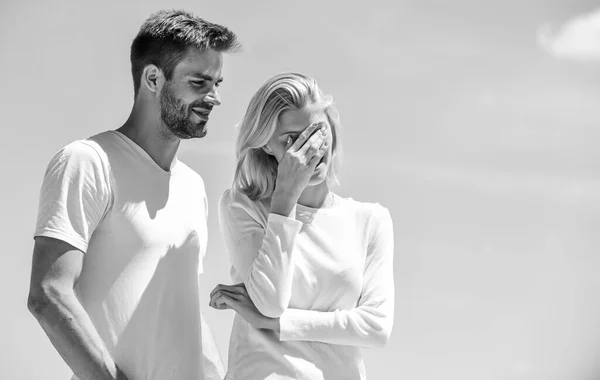 Communication problems. Summer romance. Family love. True love. Romantic relations. Couple in love blue sky background. Devotion and trust. Love story. Man and woman white clothes sunny day outdoors