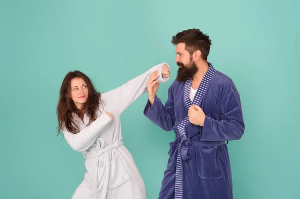 Defend yourself. Sexy girl pick fight with hipster. Challenging relations. Couple in love blue background. Family relations. Relations and bonds. Family values. Relations and relationship — Stock Photo, Image