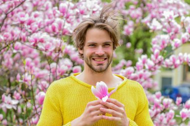 Vay canına. Bahar modası. Erkek cinselliği. Sakura arka planı. İyi havanın tadını çıkar. Çiçek açan seksi adam. traşsız erkek manolya ağacı. Taze çiçek.