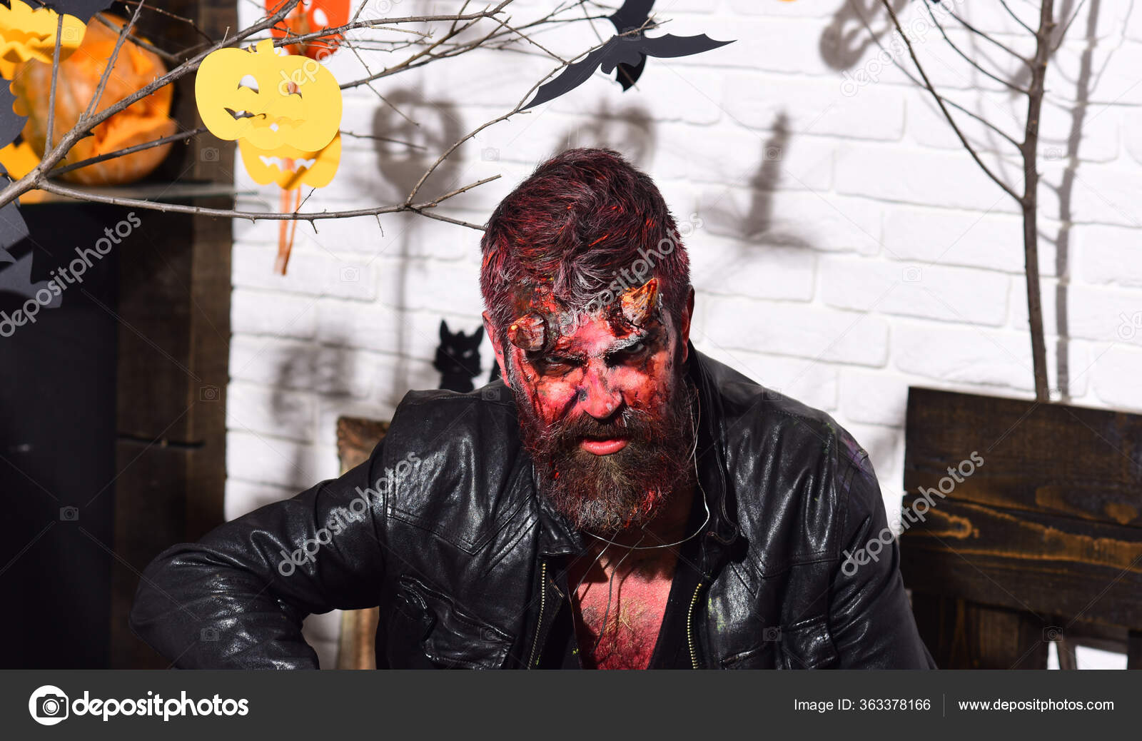 Demon With Horns Evil Face And Dried - Dried Blood Makeup Demon With Horns Evil Face And Dried - Dried Blood Makeup