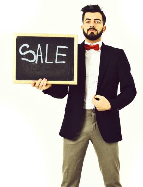 Sakallı dostum, beyaz hipster bıyık ve satış yazıt ile