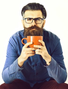 Sakallı adam, turuncu bardaklı, bıyıklı, Kafkas hippi.