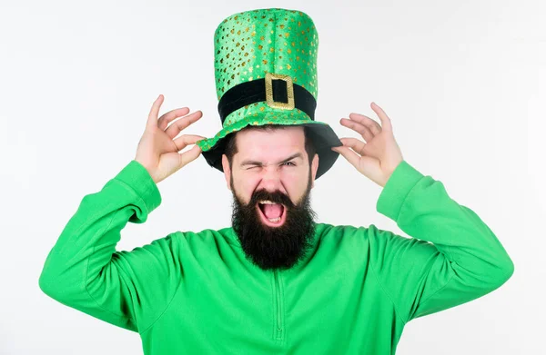 Myth of leprechaun. Happy patricks day. Man bearded hipster wear green clothing and hat patricks day. Global celebration of irish culture. Saint patricks day holiday. Green color part of celebration — Stock Photo, Image