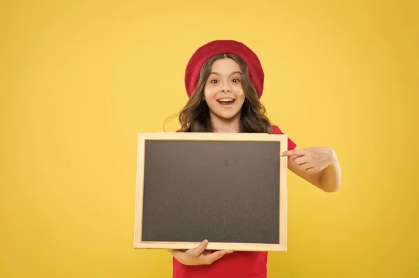 Remember about this. Check list concept. School information. Informing you. Child promo information board. Place for information. Girl hold blank blackboard chalkboard. Advertising copy space