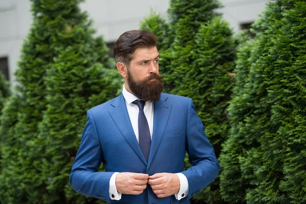 Bem sucedido e motivado. Vida de negócios. Homem de negócios estilo clássico parque urbano. Homem de negócios barbudo desgaste perfeito terno elegante. Empresário bem tratado barba de penteado. Conceito de negócio — Fotografia de Stock