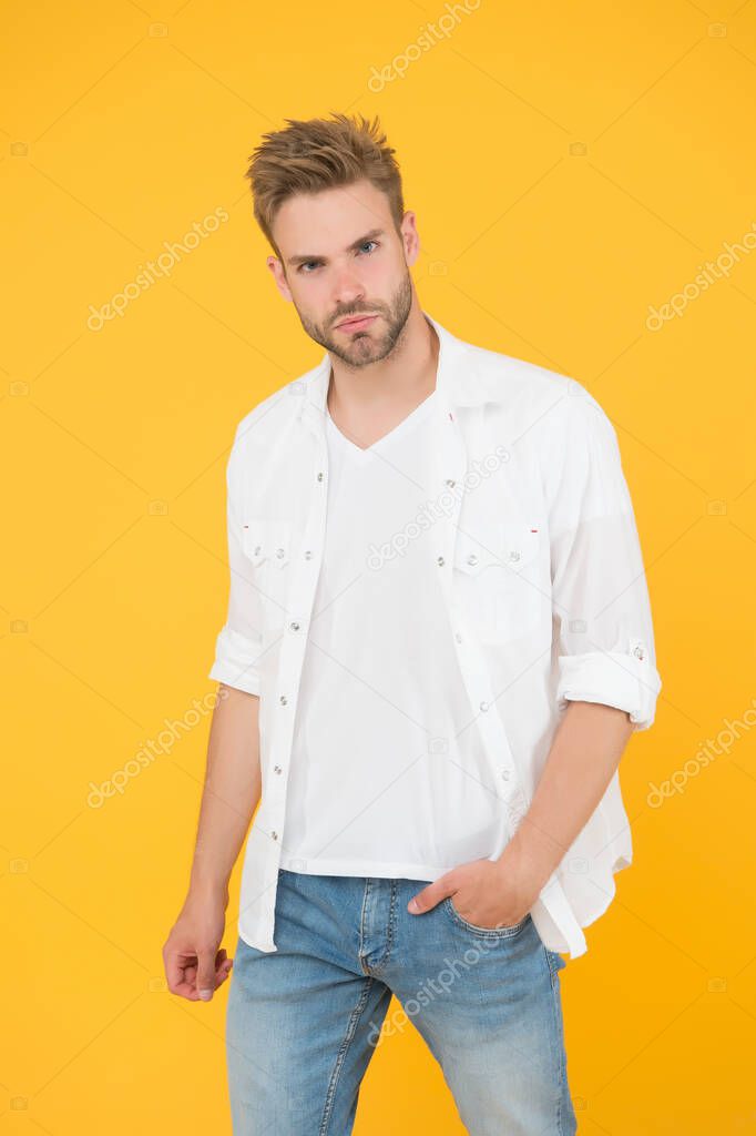 Reached privileged position. Sexy macho man. Formal fashion. Formal style. Clothes shop. Attractive man wear shirt. Confident in his appealing. Bearded guy business style. Handsome man fashion model