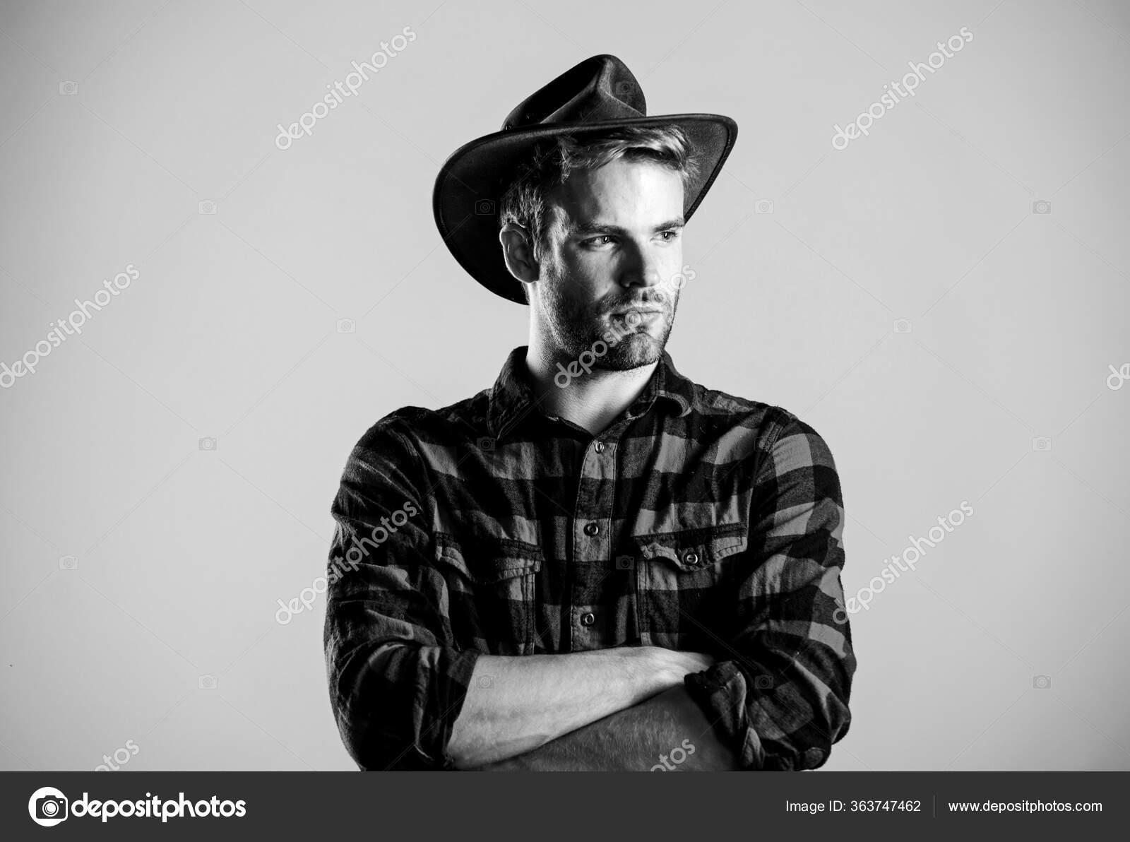 Homme Tenir Chapeau De Cowboy Homme Sexy En Chemise à Carreaux Homme  Occidental Portant Chapeau