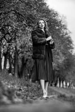 Hassas pliseler. Sokakta gezen modaya uygun bir bayan. rahat ve sıcak. Kıyafetini tamamla. Modern kış kürkü manto. Zarif kırmızı dudaklı kadın kürk giyiyor. En iyi lüks giysi malzemesi