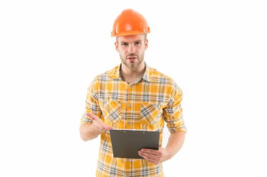 İnşa etmeyi seviyoruz. İnşaat mühendisi beyazdan izole edilmiş. İnşaat işçisi ya da inşaatçı yerleştirin. Tasarım ve yapı. İnşaat ve inşaat. İnşa edilecek proje. Mühendislik ve mimarlık