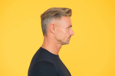 Mükemmel ten rengi. Ben sadece bir insanım. Yüz bakımı ve yaşlanma. Çekici, olgun bir adam. Gri saçlı ve kıllı, olgun bir adam. Erkek portresi konsepti. Erkekler yaşlandıkça daha çekici oluyorlar. Olgun yüzün güzelliği