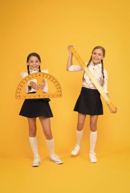 Öğrenciler geometri okuyor. Öğrenci kızlar büyük hükümdarlar. Okul bilgisi. Matematikle dünyayı keşfetmek. Matematik örneklerini keşfet. Matematiksel teori cebirsel ve geometrik yöntemleri birleştiriyor