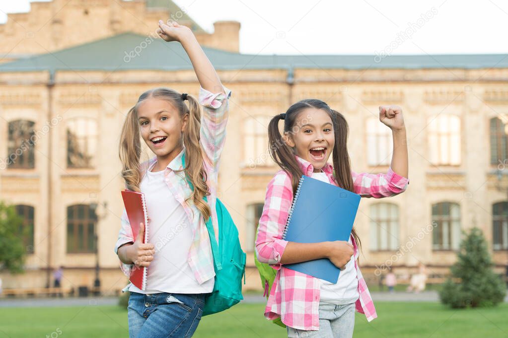 We survived school. Happy children celebrate outdoors. School holidays. Summer holidays or vacation. School is out holidays are in. Take break. You deserve holidays