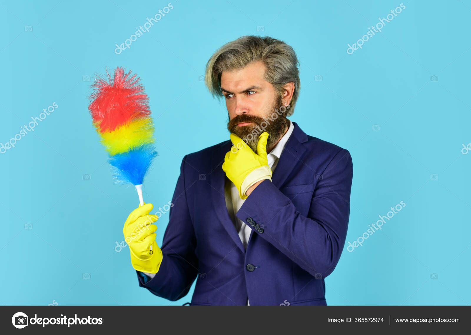 Office duster. Man use pp duster. Dust allergy. Businessman cleaning office. Cleaning service