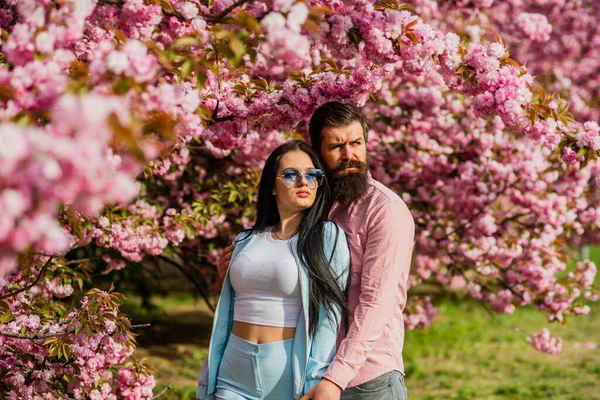 Primavera rosa sakura flor. homem e mulher em pé debaixo da árvore sakura. amantes apreciando vista da flor de cereja. flores florescentes no ramo. Encontro romântico. amor e romance. Adorável jovem casal — Fotografia de Stock