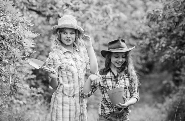 Der beste Job aller Zeiten. glückliche Landwirtschaft. Frühling auf dem Land. Tag der Erde. Sommerelternhof. Die Natur schützen. Reiche Ernte. Kinder arbeiten mit Gartengeräten. Bauernmädchen im Dorf. Schönheit der Natur — Stockfoto