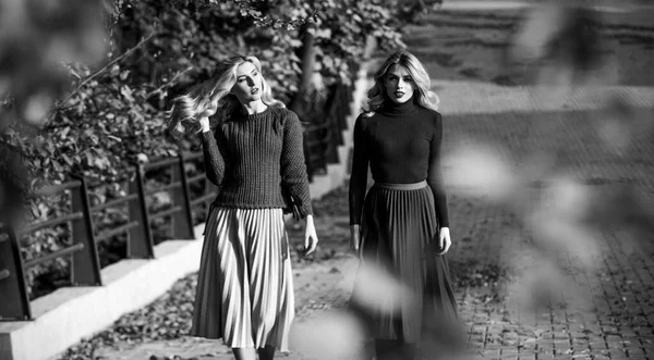 Przyjaciółki. Moda jesienna. Moda spódnica plisowana trend. Kobiety spacerujące w jesiennym parku. Jesienny stylowy strój. Urocze panie cieszą się słonecznym jesiennym dniem. Modne ubrania. Kobiecość i czułość — Zdjęcie stockowe