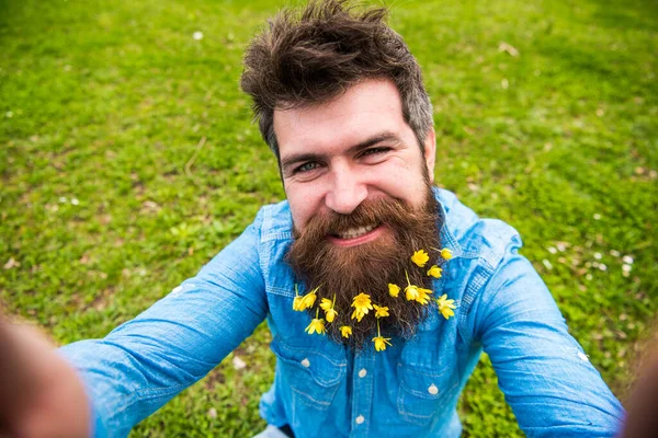 Hipster sur le visage heureux prenant des photos selfie. Homme à la barbe aime le printemps, fond de prairie verte, déconcentré. Concept de beauté naturelle. Guy avec moins de fleurs de célandine dans la barbe prendre selfie photo . — Photo