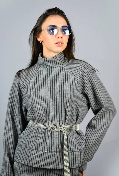 Casual style for every day. Knitwear concept. Feel comfortable. Woman wear grey suit blouse and pants. Shop Your Style. Fashionable knitwear. Designed for your comfort. Warm comfortable clothes — Stock Photo, Image