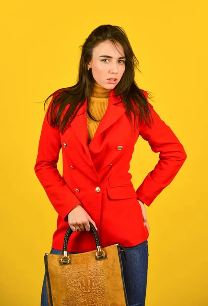 Luxury boutique. Promoting product. Great offer. Look Sophisticated. Go for shopping. Spring shopping sales. Fun and gifts. Black friday. Woman in spring jacket. Girl shopping. Shopping mall — Stock Photo, Image