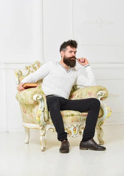 Conférencier assis sur un fauteuil et tient livre, fond de mur blanc. Concept intelligent. L'homme à la barbe et à la moustache passe ses loisirs avec le livre. Scientifique, professeur sur le visage réfléchi analysant la littérature . — Photo