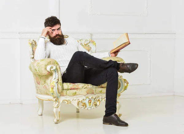 Man with beard and mustache sits on armchair, holds book, white wall background. Reflections on literature concept. Connoisseur on thoughtful face finished reading book. Guy thinking about literature. — Stock Photo, Image