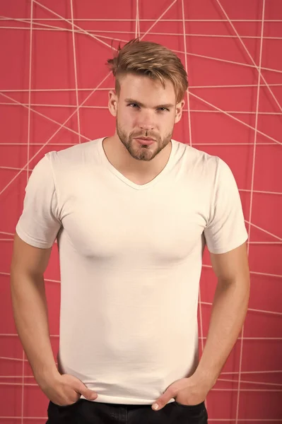 Guy barbu et attrayant avec la coiffure. Concept de masculinité. Homme avec soies sur le visage concentré strict, fond rose. Homme avec barbe ou mec non rasé a l'air beau et bien entretenu — Photo