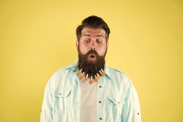 Male barber care. Laundry after washing. hair drying at barbershop. hairdresser concept. man clothespin on beard. brutal male put clothespin with hearts on beard. bearded man hipster casual style — Stock Photo, Image