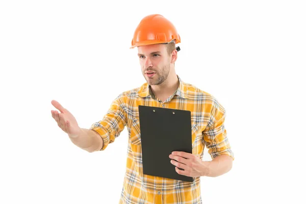 Site inspection. Civil engineer or technician isolated on white. Engineer or architect at work. Construction surveillance engineer in hardhat. Engineering and architecture. Building and constructing — Stock Photo, Image