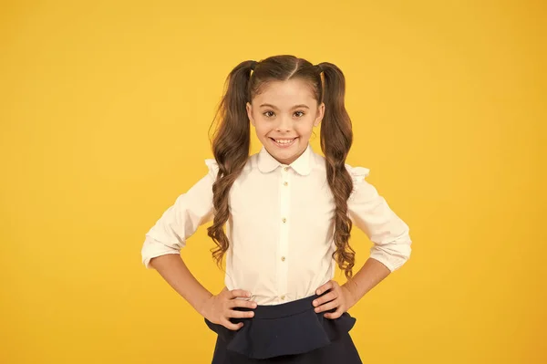 Lyckas med studierna. Leende Schoolgirl. Emotionell lycklig Skolflicka. Schoolgirl elev långt hår söt ponytails frisyr. Utbildningsprogram. Hemundervisning koncept. School Club. Lycklig barndom — Stockfoto