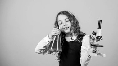 Okulun kimya dersi. Okul laboratuarı. Kimyasal analiz. Zararlı ve hayati kimyasal çözünürlük seçenekleri. Kız okulu kimyasal sıvılar üzerine çalışıyor. Eğitim konsepti. Genetik olarak değiştirilmiş organizma