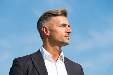 Düşüncelere daldım. Bilişsel süreç. Entellektüel çalışma. Erkek stili saç stili. Erkek yüzü. İş adamı konsepti. Çekici, olgun bir adam. Olgun adam kır saçlı ve açık havada kıllı. Gelişmeleri tahmin et