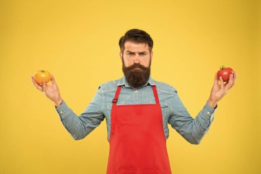 Daha fazla domates ye. Cilt sağlığı için yararlı. Domatesin sağlığa faydaları. sulu ve tatlı sebzeler. Önlüklü vahşi aşçı. Domatesli sakallı şef. diyet kanseri önler