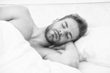 Her gece yeteri kadar uyuyorum. Sağlık hizmeti konsepti. Uykudan uyanma döngüsünü sirkadyan ritmi düzenler. Yatakta tıraş edilmemiş yakışıklı bir adam. Bahşişler daha iyi uyuyor. Sakallı adam yastıkta dinleniyor. Yumuşak yastık