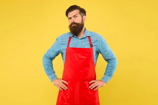 Barbershop staff. Hipster style. Beard grooming salon. Well groomed macho barber. Inspired for changes. Man brutal bearded hipster with mustache wear apron. Barbershop concept. Hairdresser barber — Stock Photo, Image