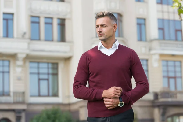 Confident manager. Daily outfit. Man model clothes shop. Menswear and fashionable clothing. Man looks handsome in casual style. Handsome man. Suitable in current circumstances. Masculinity concept — Stock Photo, Image