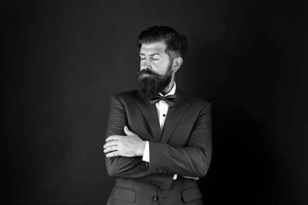 Well groomed man beard in suit. Male fashion and aesthetic. Classic style aesthetic. Businessman formal outfit. Masculine aesthetic. Barber hairdresser. Make male grooming simpler and more enjoyable