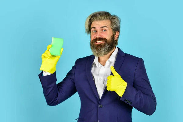 Virus disinfection. Man protective rubber gloves. Clean office. Destroy microorganisms. Disinfection concept. Bearded businessman. Spring cleaning. Hipster clean office. Virus and microbe. Hygiene