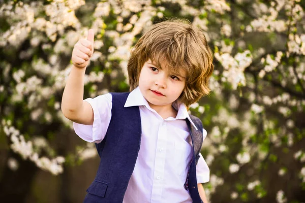 Evet, sen. Kaygısız çocuk baş parmağını kaldırdı. Çiçek açan bahar ağacında küçük bir çocuk. Mutlu çocuğun gür ve sağlıklı saçları var. Yaz ve bahar modası. Çocuk kısmen doğanın çiçeklenmesinden hoşlanıyor. çocukluk mutluluğu