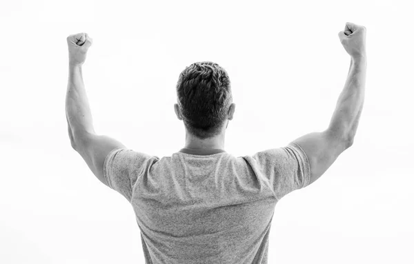 Muskulöser Rücken Mann isoliert auf weiß. Mann glücklich emotional feiern profitablen Deal. Folgen Sie Ihrem Traum. Bleiben Sie in Bewegung. Inspiriert zum Start-up. Glücklicher Sieger. Sieg oder Erfolg feiern. — Stockfoto